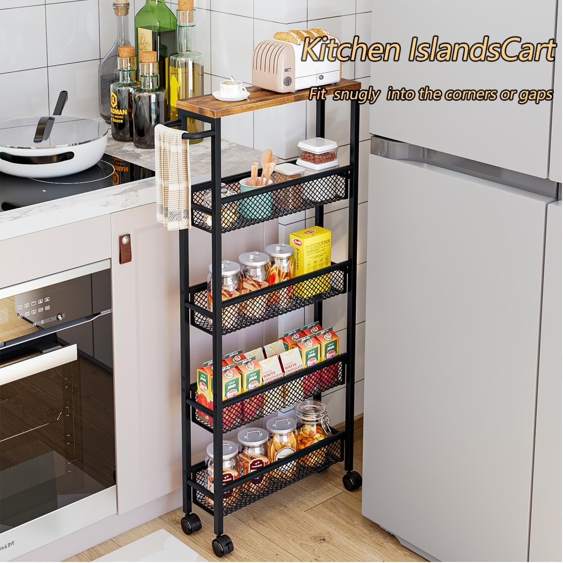 AZERPIAN Slim Rolling Cart 5 Tier Narrow Storage Cart on Wheels with Handle | Lockable Wheels, Wood Top Panel, Metal Frame Utility Carts for Kitchen, Dining, Living, Home Office, Laundry Room