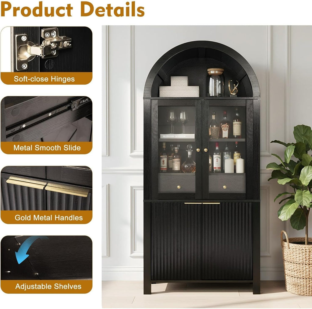 71" Tall Arched Pantry Cabinet with Glass Doors, Fluted Kitchen Storage Cabinet with Adjustable Shelves & Hidden Drawer, Freestanding Display Cabinet for Kitchen, Black
