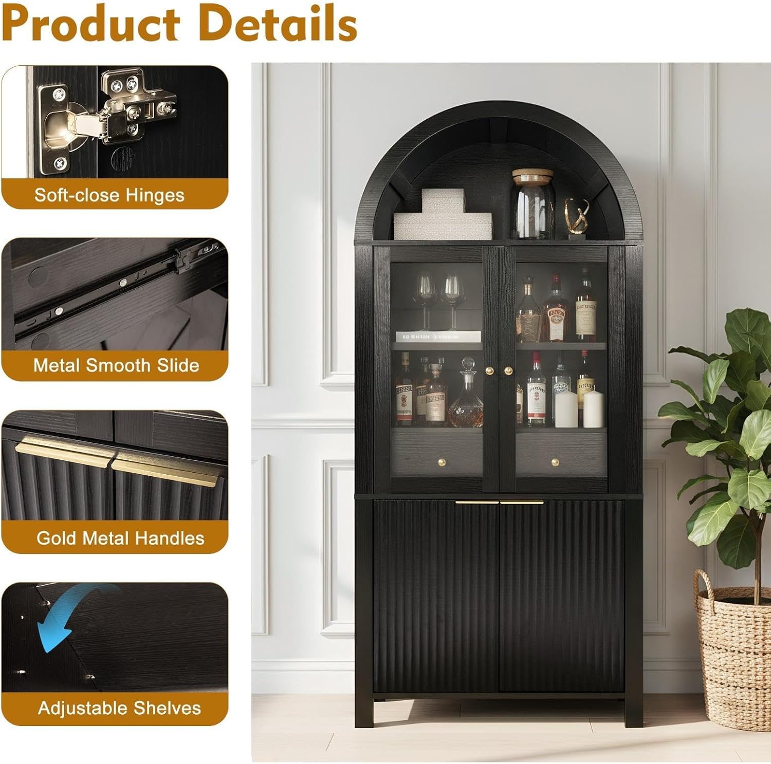 71" Tall Arched Pantry Cabinet with Glass Doors, Fluted Kitchen Storage Cabinet with Adjustable Shelves & Hidden Drawer, Freestanding Display Cabinet for Kitchen, Black