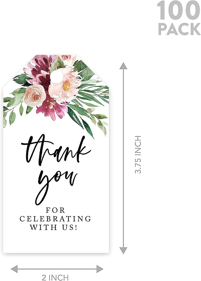 Andaz Press 100-Pack Thank You for Celebrating with Us Favor Tags Spring Watercolor Florals Cardstock Gift Tags with Bakers Twine for Wedding Baby Shower Bridal Shower Party Favors 2 x 3.75-Inches