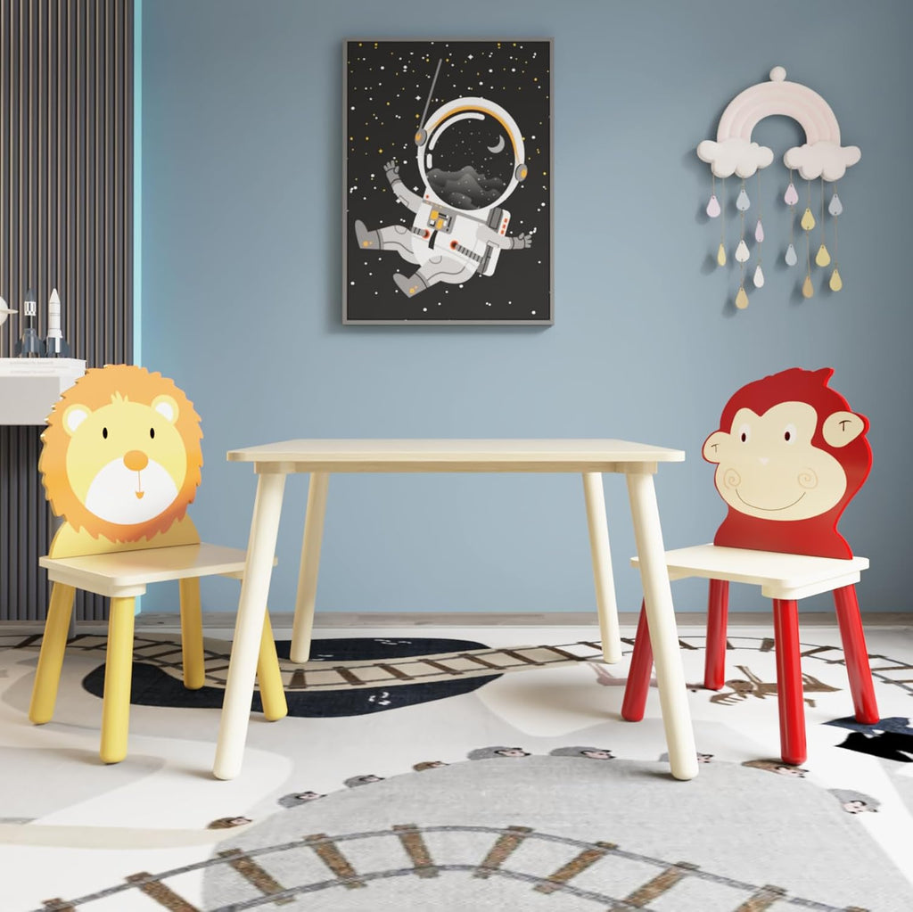 3 Pieces Toddler Table and Chair Set, Lion & Monkey Pattern Solid Wood Legs Heavy Duty Boys and Girls Activity Play Table and 2 Chairs Furniture for Playroom Daycare Kindergarten