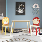 3 Pieces Toddler Table and Chair Set, Lion & Monkey Pattern Solid Wood Legs Heavy Duty Boys and Girls Activity Play Table and 2 Chairs Furniture for Playroom Daycare Kindergarten