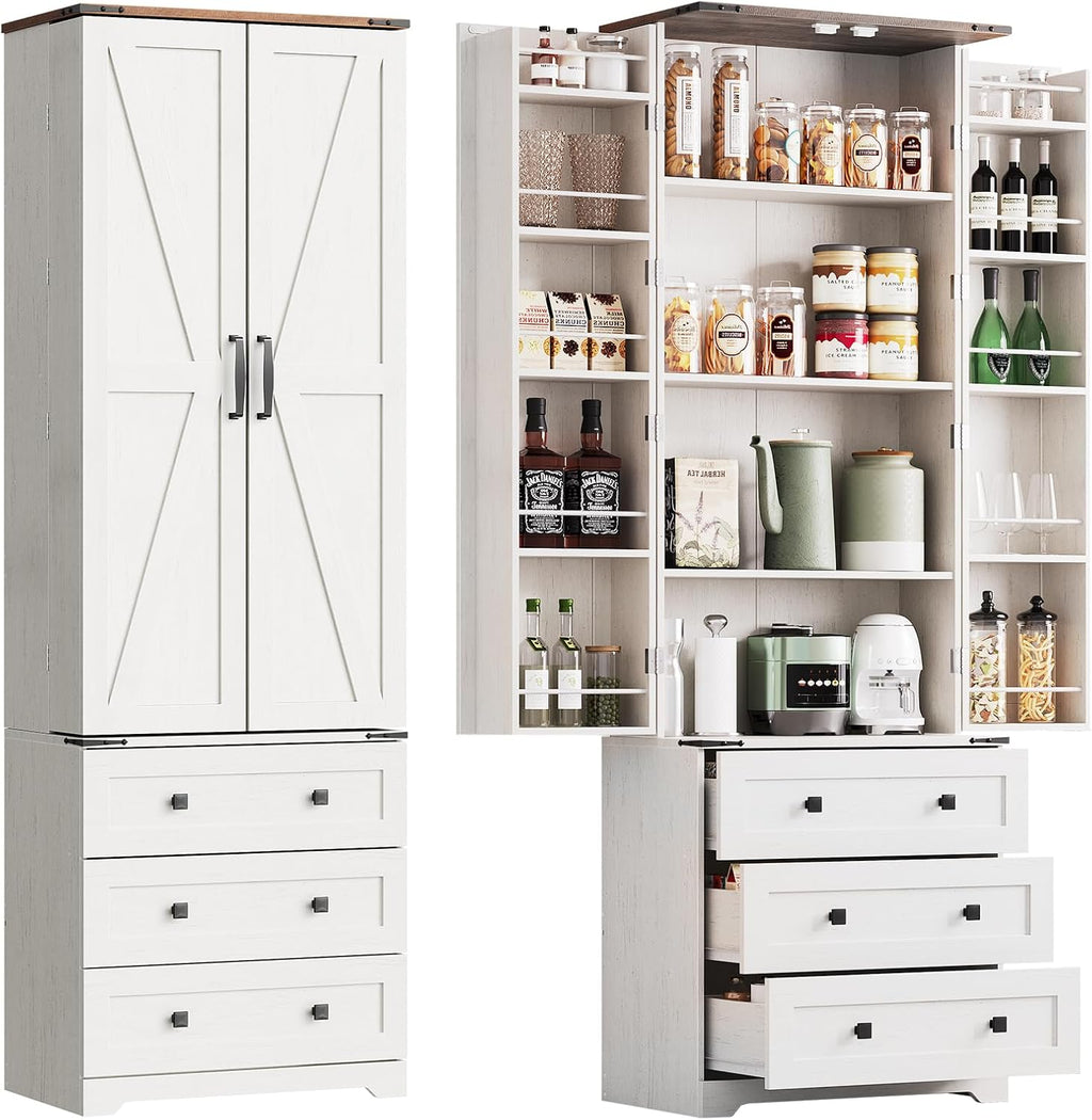 72'' Tall Kitchen Pantry Cabinet, Freestanding Tall Cupboard Storage Cabinet with 2 Barn Doors & 3 Drawers, Adjustable Shelves, Large Farmhouse Pantries for Living Room, Dining Room