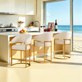 Modern Counter Height Bar Stools,Bar Stools Set of 3,PU Leather Upholstered Barrel Barstools with Backs,26" Kitchen Island Chairs,Metal Gold Frames,Support 480 LBS,Beige White Leather