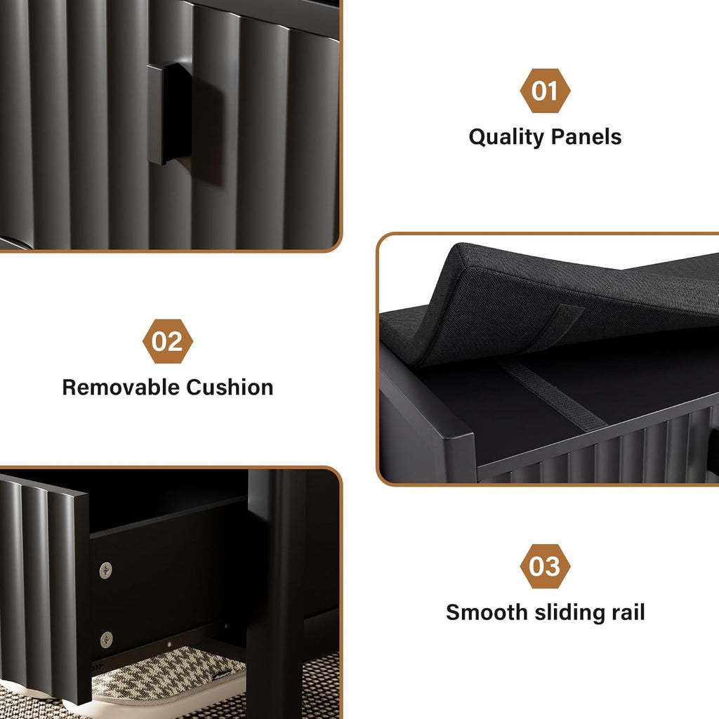 Furniway Black Fluted Shoe Bench with 2 Drawers, Entryway Storage Bench with Thick Padded Cushion Seat, Open Bottom Shoe Storage Shelf for Hallway, Living Room, Bedroom, 47.2" W