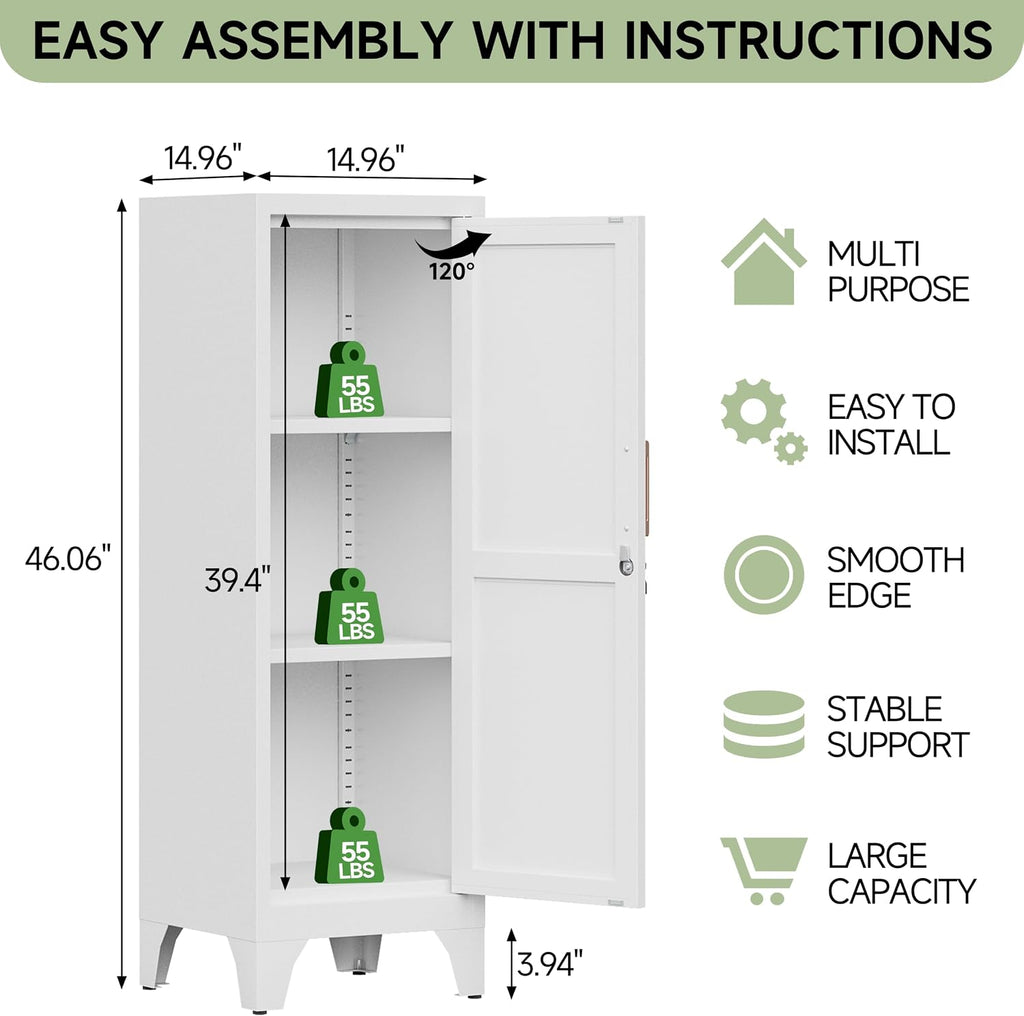 46" Tall Metal Pantry Cabinet, Kitchen Pantry Storage Cabinets with 1 Door and 2 Adjustable Shelves, Small Bathroom Cabinet,Cupboard for Kitchen, Dining Room- Assembly Required/White