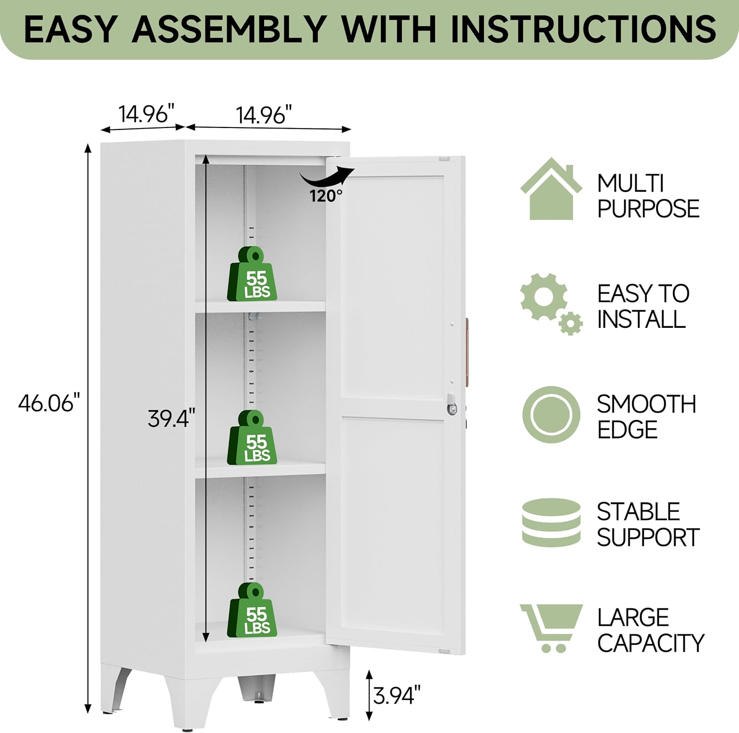 46" Tall Metal Pantry Cabinet, Kitchen Pantry Storage Cabinets with 1 Door and 2 Adjustable Shelves, Small Bathroom Cabinet,Cupboard for Kitchen, Dining Room- Assembly Required/White