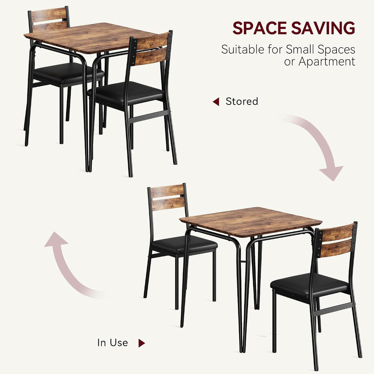 GAOMON 3-Piece Dining Table Set, Sturdy Wooden Square Table and Chair Breakfast Table Set for 2 Person,for Home or Commercial Dining Room,Vintage Brown