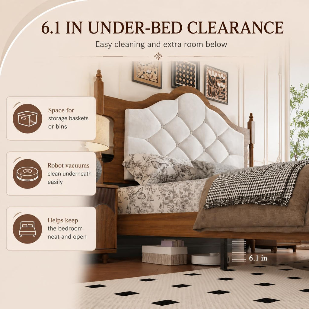 Queen Size Bed Frame with 51" Tall Wingback Headboard, Fabric Upholstered Wooden Platform Bed Frame, No Box Spring Needed, Solid Wood Legs