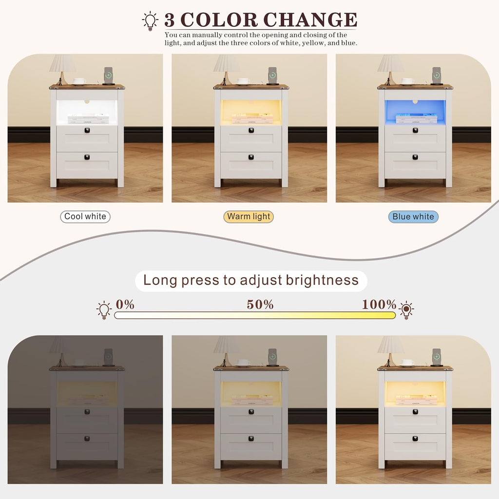 HWB LED Nightstand Set of 2 with Gun Drawer: Bedside Table with Charging Station for Bedroom Furniture – Farmhouse Night Stand with 3 Colors Smart Human Sensor Lights for Living Room End Table, White