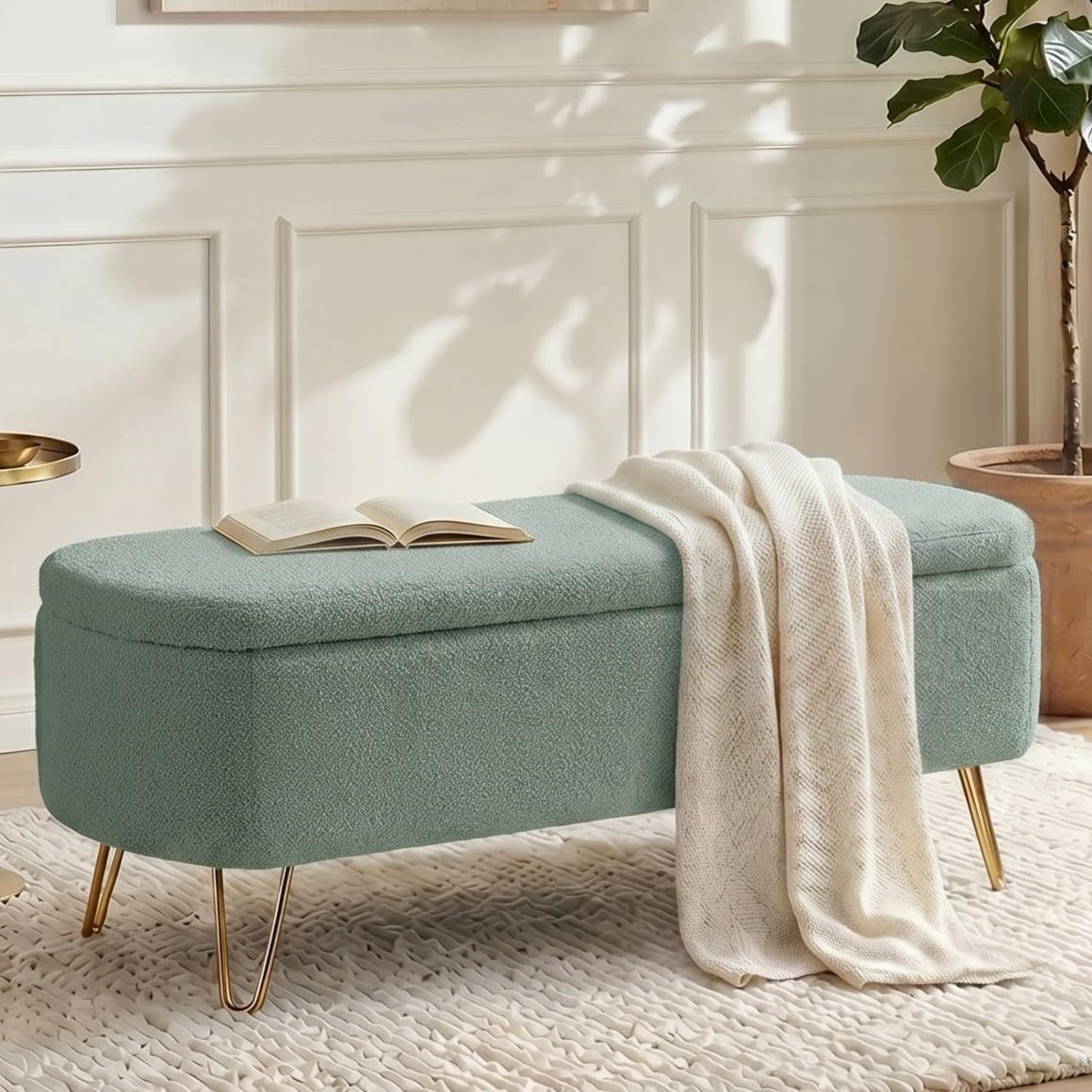 Modern Storage Ottoman Bench, Teddy Upholstered Entryway Bench with Gold Legs, Vintage End of Bed Bench with Safety Hinge, Padded Bench with Storage for Living Room, Bedroom, Entryway (Green)
