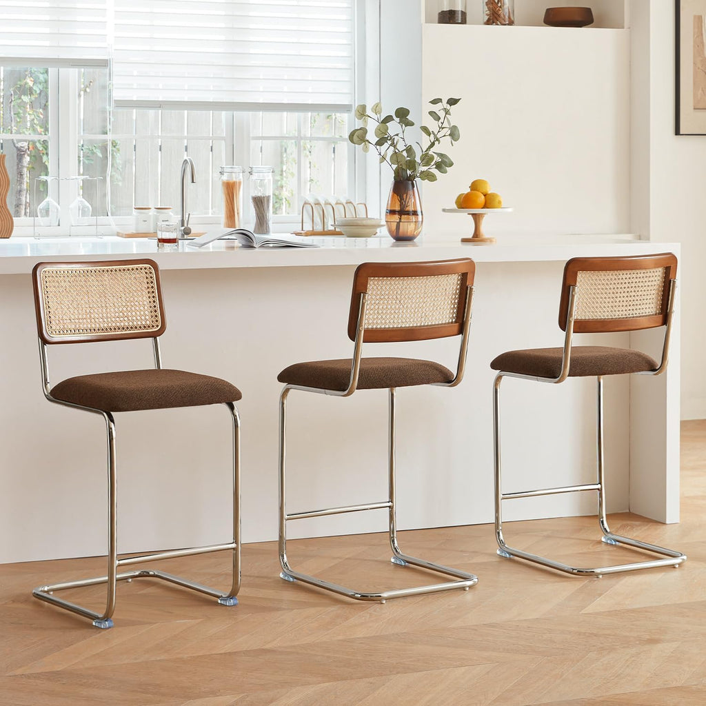 GrandNoor Natural Rattan Counter Height Stools Set of 3 with Solid Wood Back, 29 Inch Mid Century Modern Cesca Bar Stools, Brown Upholstery Boho Stool for Kitchen Counter with Chrome Metal Legs