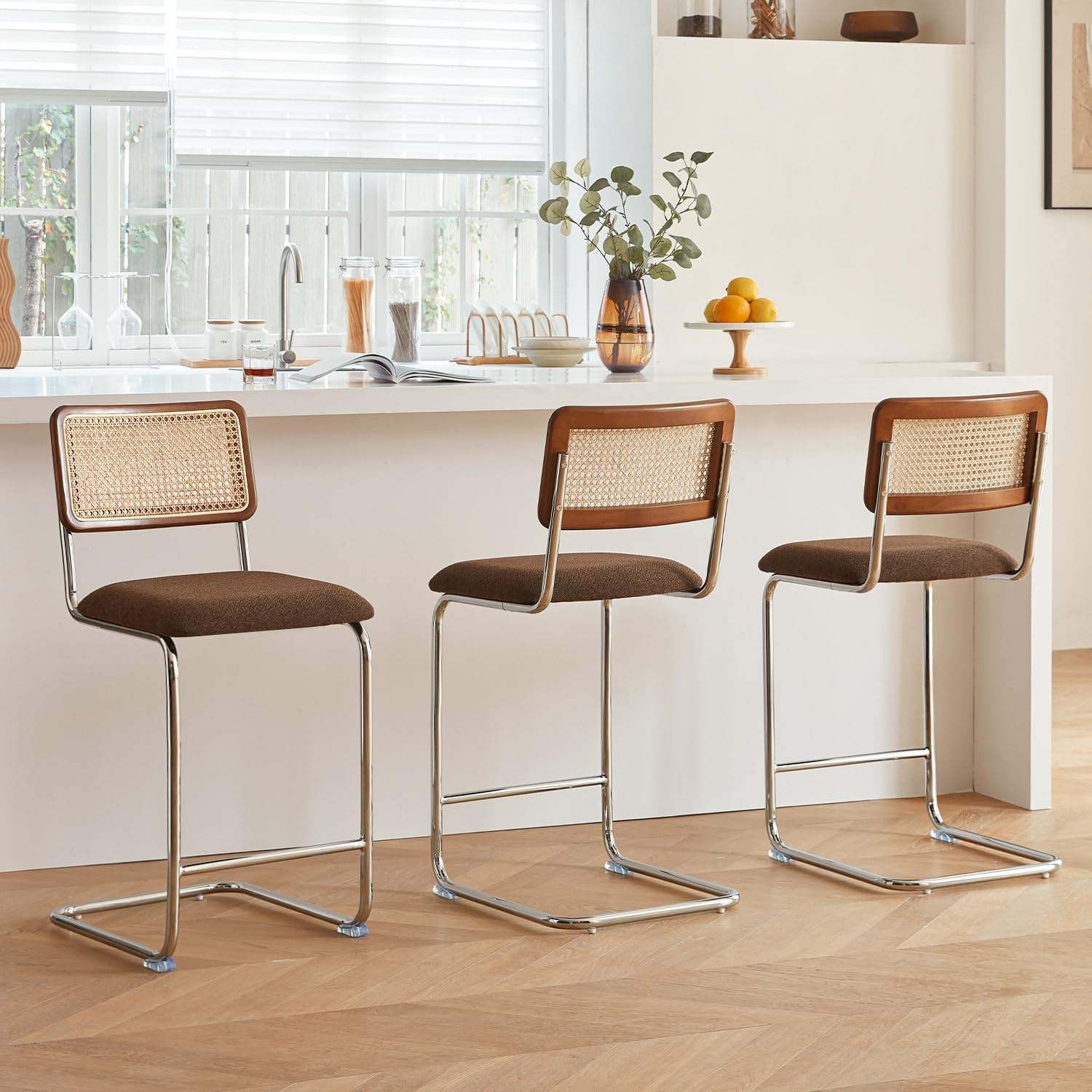 GrandNoor Natural Rattan Counter Height Stools Set of 3 with Solid Wood Back, 29 Inch Mid Century Modern Cesca Bar Stools, Brown Upholstery Boho Stool for Kitchen Counter with Chrome Metal Legs