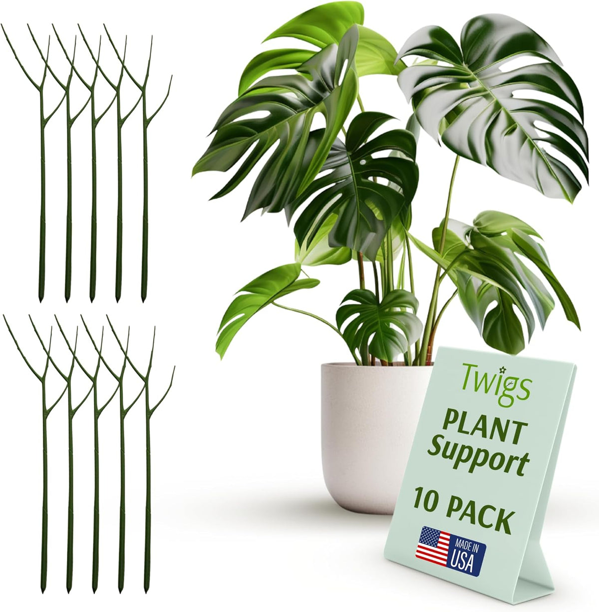Plant Support Stakes, Stem Holder Structures for Indoor & Outdoor Use, Garden Accessories for Climbing & Potted Plants, Trellis Alternative - Monstera (Dark Green), 10 Pack, 22" L, Original