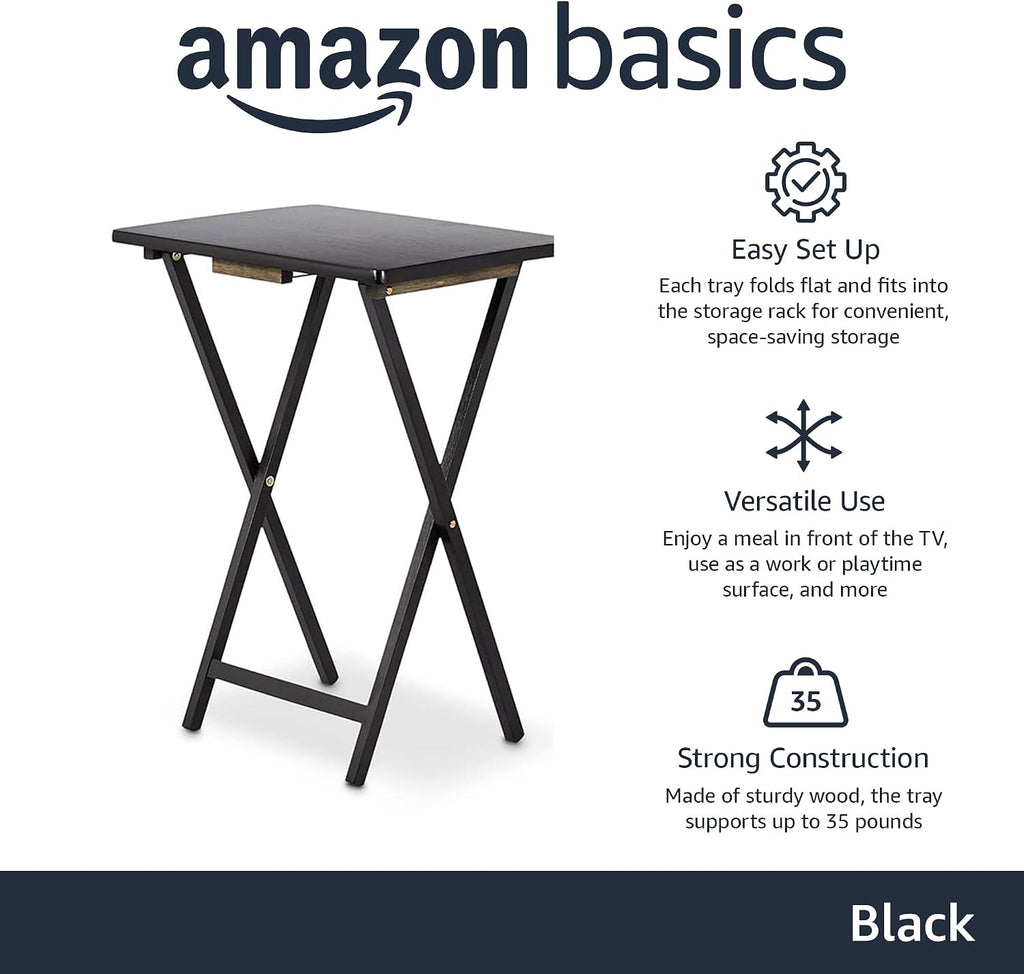 Amazon Basics Portable Foldable TV Tray Table with Storage Rack, Space-Saving Design, 15" x 19" x 26", Black, 4-Pack