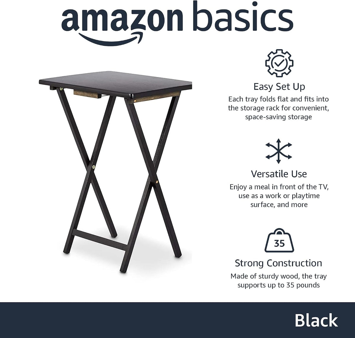 Amazon Basics Portable Foldable TV Tray Table with Storage Rack, Space-Saving Design, 15" x 19" x 26", Black, 4-Pack