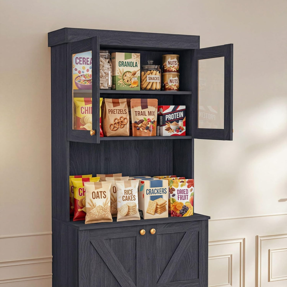 71" Black Farmhouse Kitchen Pantry Cabinet Set of 4— Freestanding Coffee Bar with Glass Doors or Drawers, Microwave Stand, Large Storage Hutch with Adjustable Shelves for Kitchen, Living Room