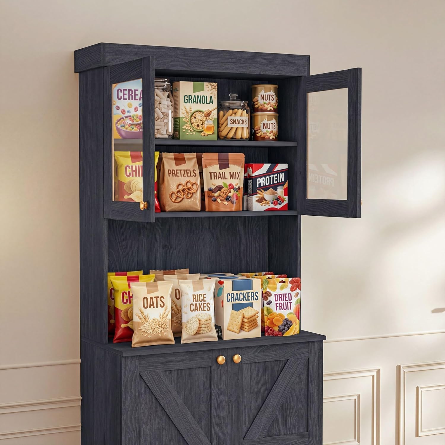 71" Black Farmhouse Kitchen Pantry Cabinet Set of 3— Freestanding Coffee Bar with Glass Doors or Drawers, Microwave Stand, Large Storage Hutch with Adjustable Shelves for Living Room and Kitchen