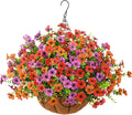 ZFProcess Artificial Faux Hanging Plants Flowers Basket for Spring Outdoor Decoration, Fake Silk Daisy in Planter Realistic UV Resistant Look Real for Porch Home Patio Balcony Yard(Purple Orange red)