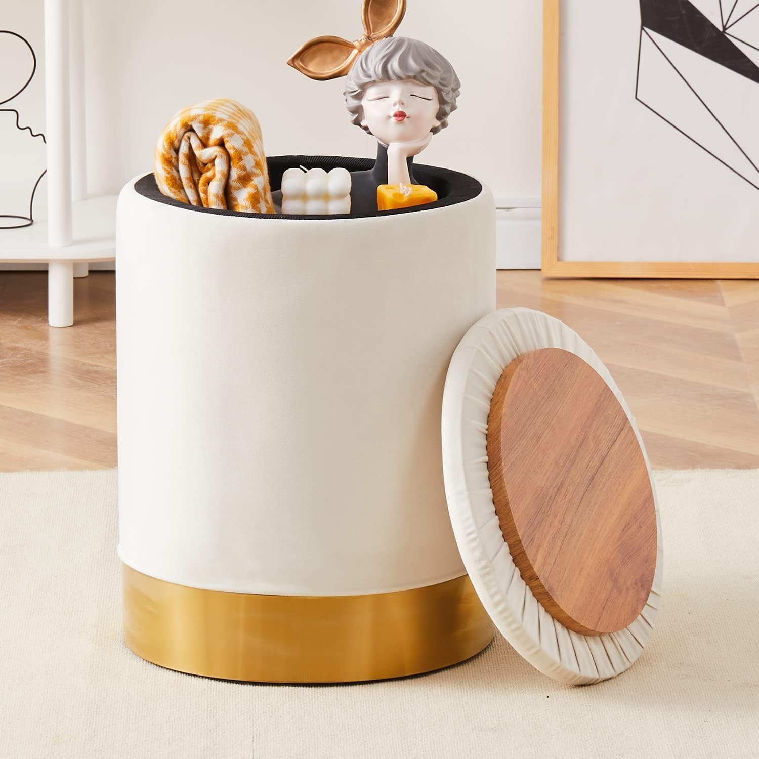 Velvet Storage Ottoman Multipurpose Footrest Stool with Metal Base Modern Round Vanity Stool Chair Ottoman Foot Stools Support 300 lbs Padded Seat for Living Room (Cream (Velvet))