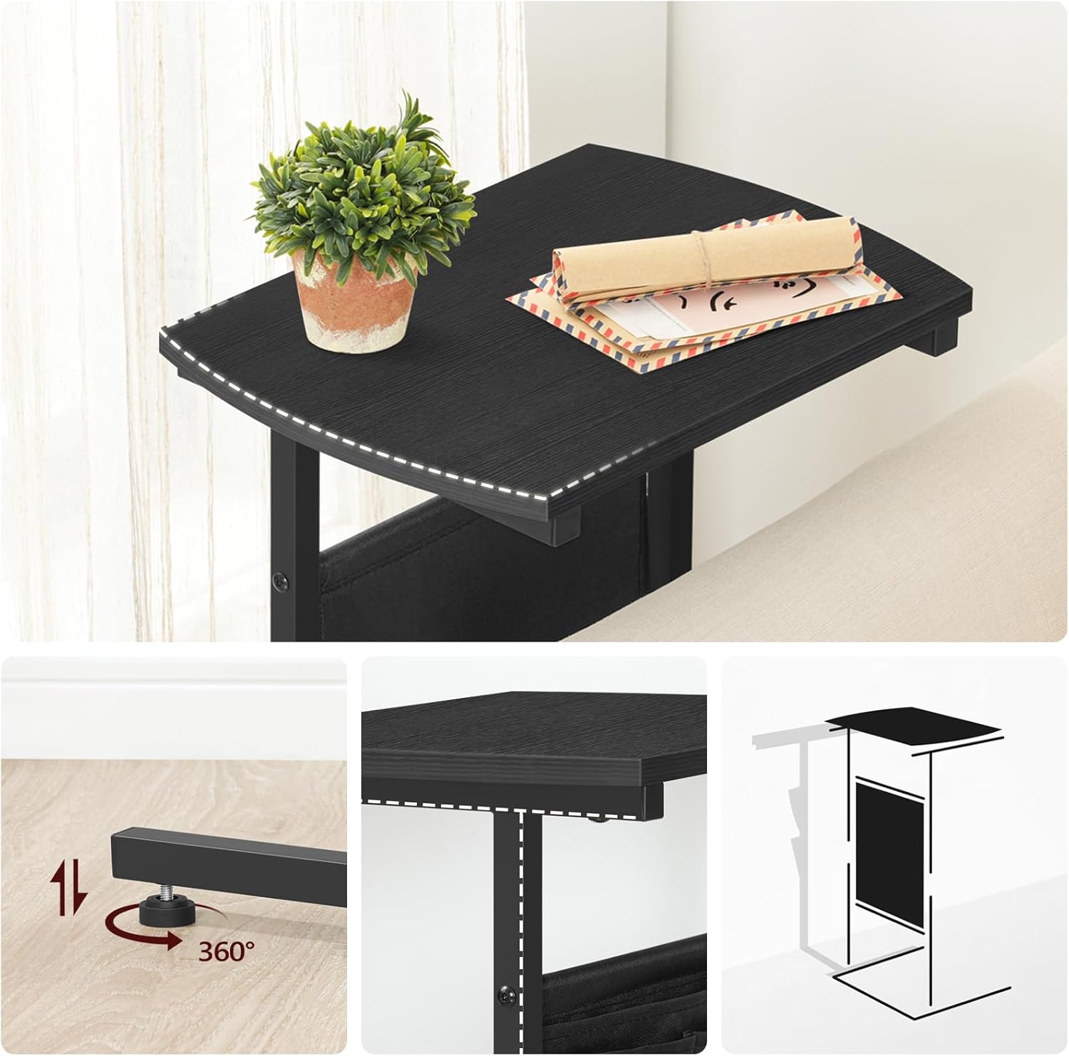 HOOBRO C Shaped End Table, 28.3" Side Table for Small Spaces, Couch Table with Storage Bag, Slide Under Sofa Side Table, for Living Room, Bedroom, Black BB40SF01