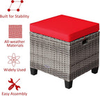 RELAX4LIFE 2-Piece Patio Rattan Ottomans - Outdoor Wicker Furniture w/ 2 Footrest Stools, Comfortable Cushions & Steel Metal Frame, All-Weather Patio Set for Backyard,Garden (Red)