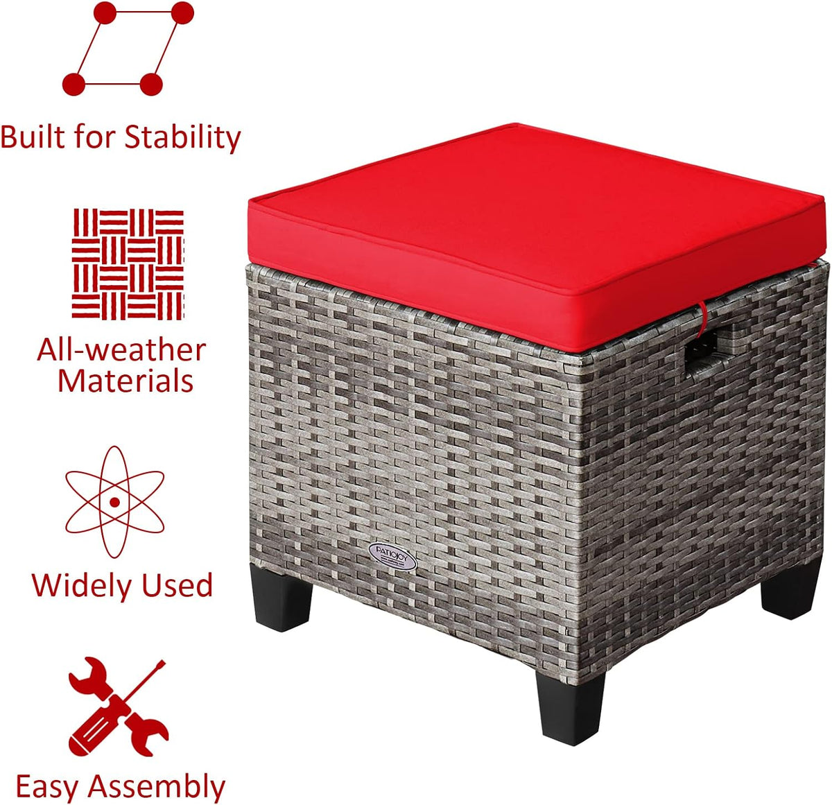 RELAX4LIFE 2-Piece Patio Rattan Ottomans - Outdoor Wicker Furniture w/ 2 Footrest Stools, Comfortable Cushions & Steel Metal Frame, All-Weather Patio Set for Backyard,Garden (Red)