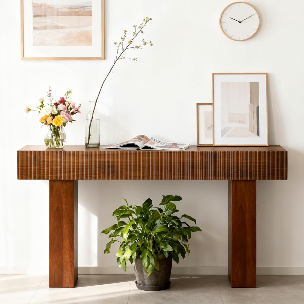 ZYBT 56" Fluted Console Table, Boho Vanity Desk Wooden Narrow Sofa Table Behind The Couch, Farmhouse Entryway Table for Entrance, Hallway,Living Room,Bedroom, Home Office,Brown