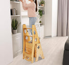 4 Step Foot Stool Chair 3 in 1 Wooden Library Ladder Solid Folding Portable Wood Display Stand Flower Rack Indoor Stepladder Shoe Bench for Home, Library, Kitchen, Office