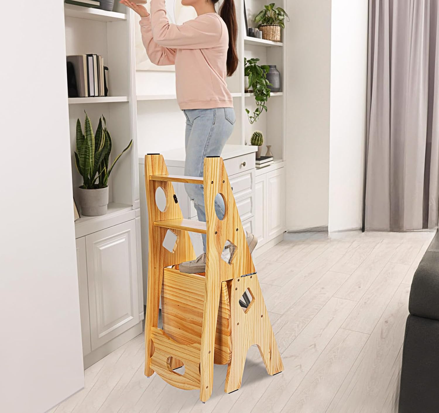 4 Step Foot Stool Chair 3 in 1 Wooden Library Ladder Solid Folding Portable Wood Display Stand Flower Rack Indoor Stepladder Shoe Bench for Home, Library, Kitchen, Office