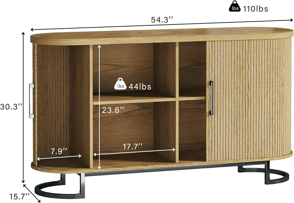 HUAHUU Sideboard Buffet Cabinet with Storage, 54.3" Fluted Tambour, Adjustable Shelves, Mid Century Modern Console for Living Room Kitchen