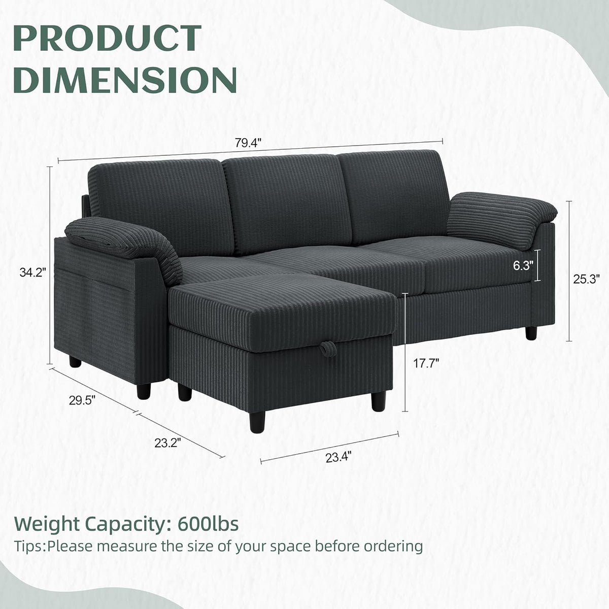 Vongrasig Convertible Sectional Sofa Couch, 3 Seat L Shaped Sofa with Removable Pillows Soft Corduroy Fabric Small Couches Mid Century for Living Room, Apartment and Office (Gray)