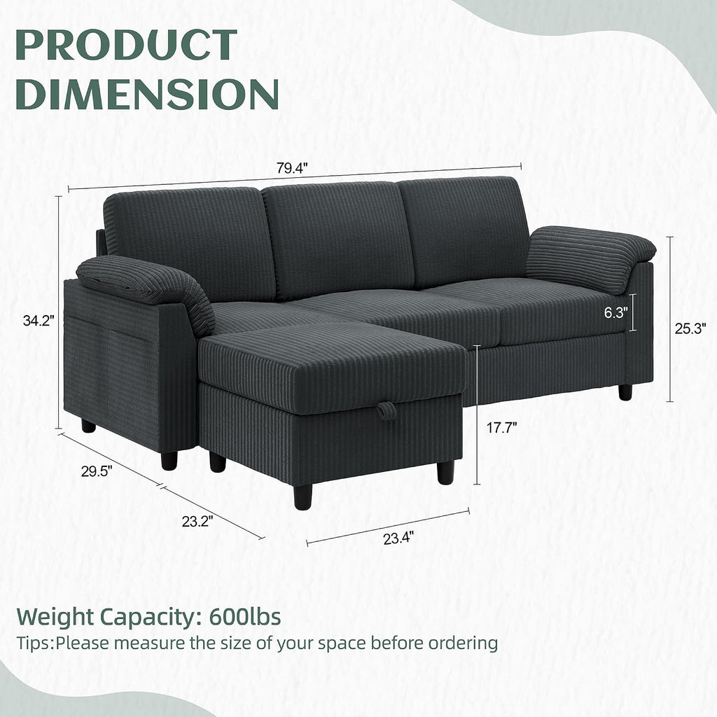 Vongrasig 79" Convertible Sectional Couches Sofa with Storage Ottoman, 3 Seat L Shaped Couch with Side Storage Pockage, Small Couches for Living Room, Apartment and Small Space, Grey