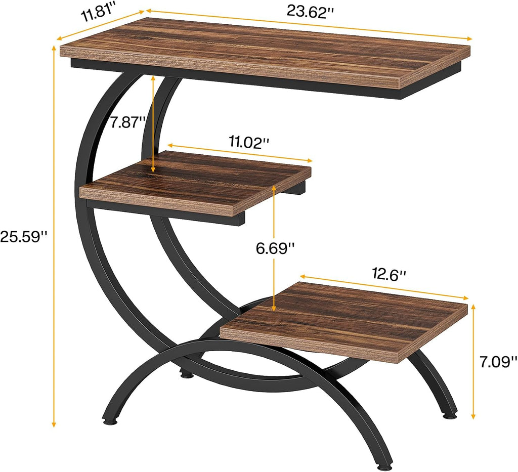 Tribesigns C Shaped End Table, Small Side Table for Couch, Industrial 3-Tier Couch Table, Wood Bedside Table, C Side Table for Small Spaces, Living Room, Dark Brown