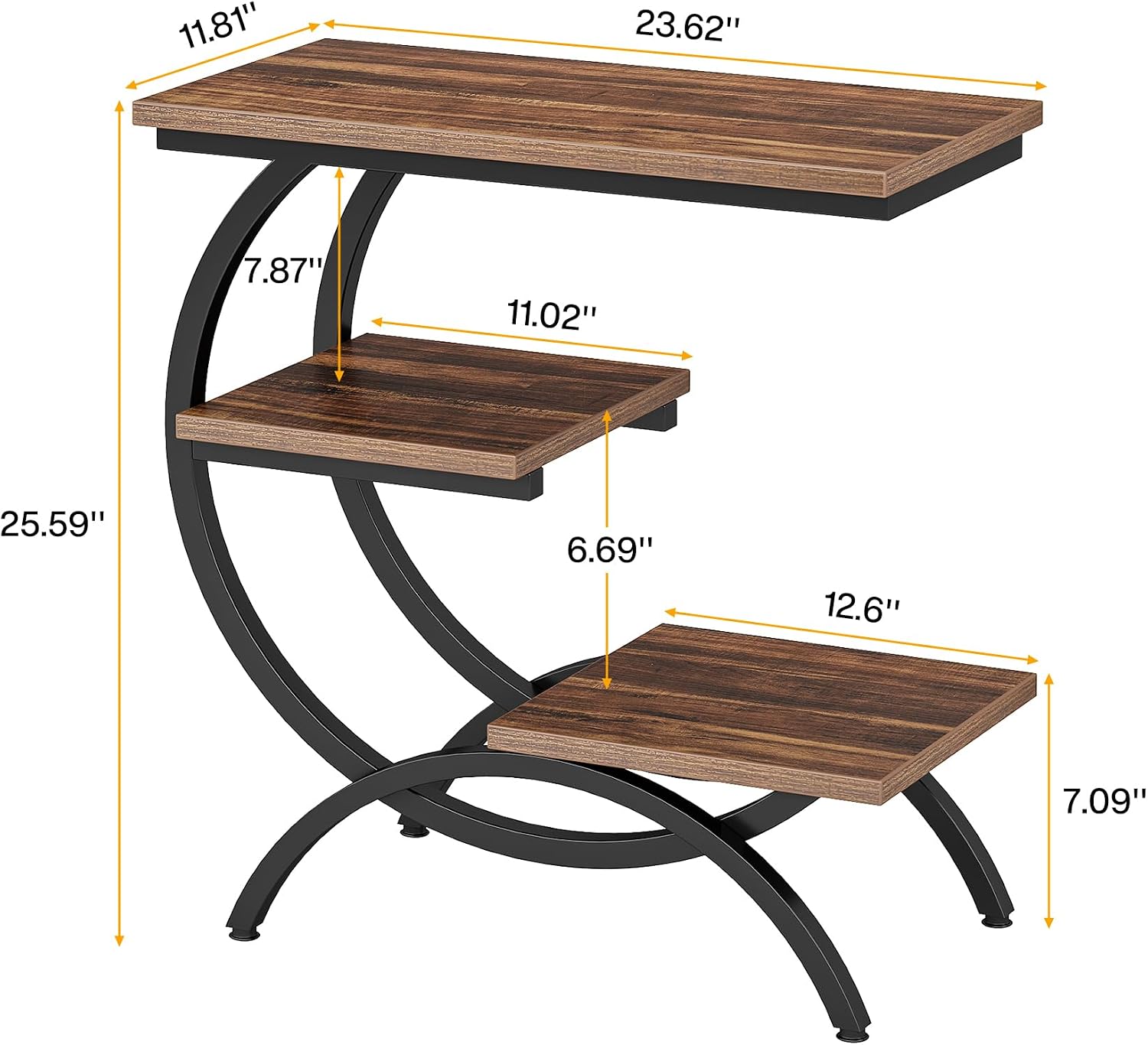 Tribesigns C Shaped End Table, Small Side Table for Couch, Industrial 3-Tier Couch Table, Wood Bedside Table, C Side Table for Small Spaces, Living Room, Dark Brown
