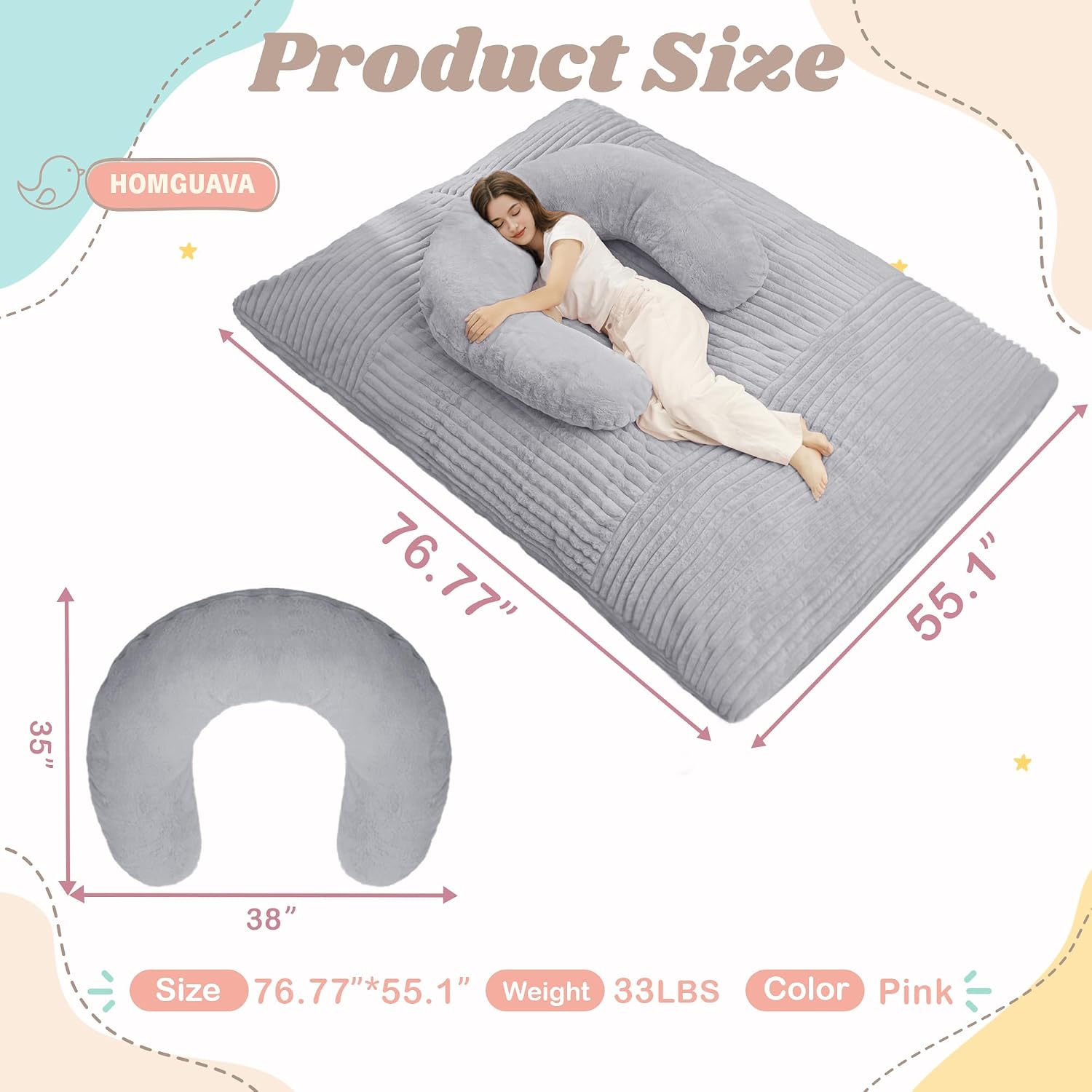 Homguava Giant Bean Bag Chair for Adults with Pillow, 4 in 1 Convertible Floor Cushion for Adluts, Memory Foamed Bean Bag Lounger with Washable Cover for Living Room, Bedroom