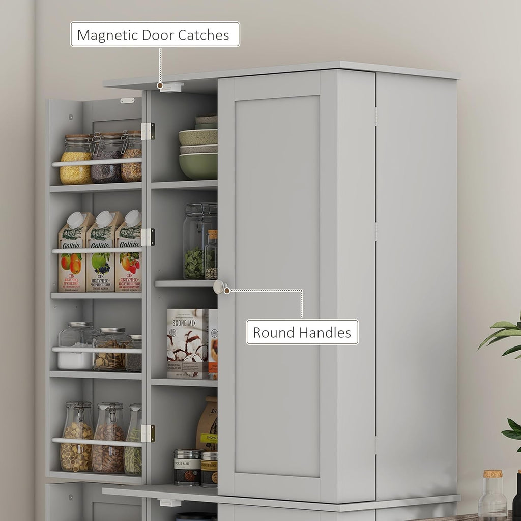 HOMCOM 65" Kitchen Pantry Storage Cabinet 16 Door Shelves Gray | Freestanding Kitchen Cabinet, 4 Doors, 8-Tier Shelving, Adjustable Shelves