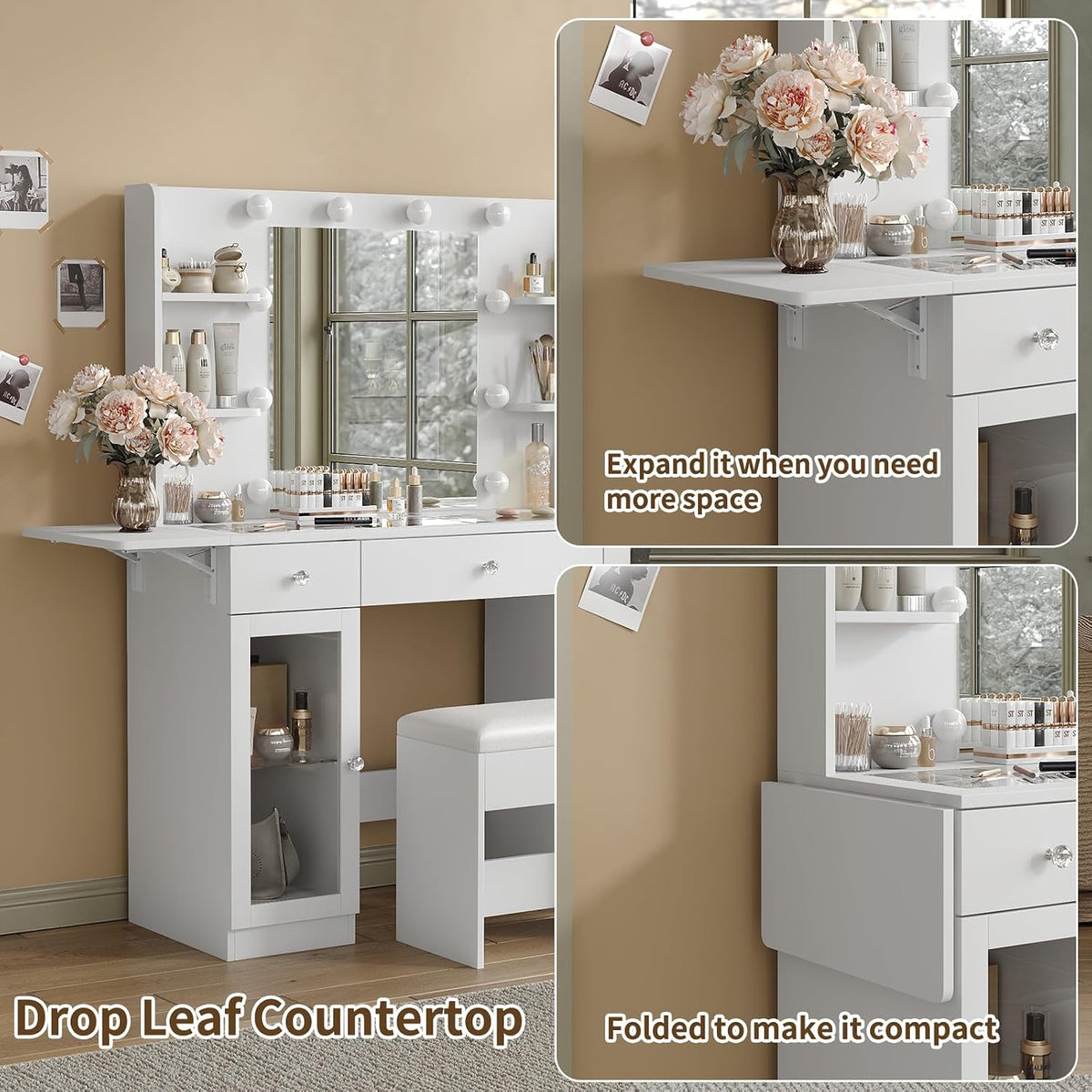 Yanosaku Makeup Vanity Desk with Mirror and Lights, RGB Lighted Vanity Desk with Power Outlet, 3 Drawers & 2 Large Tempered Cabinets, Fold-up Panel, Glass Top Vanity with Chair for Bedroom, White