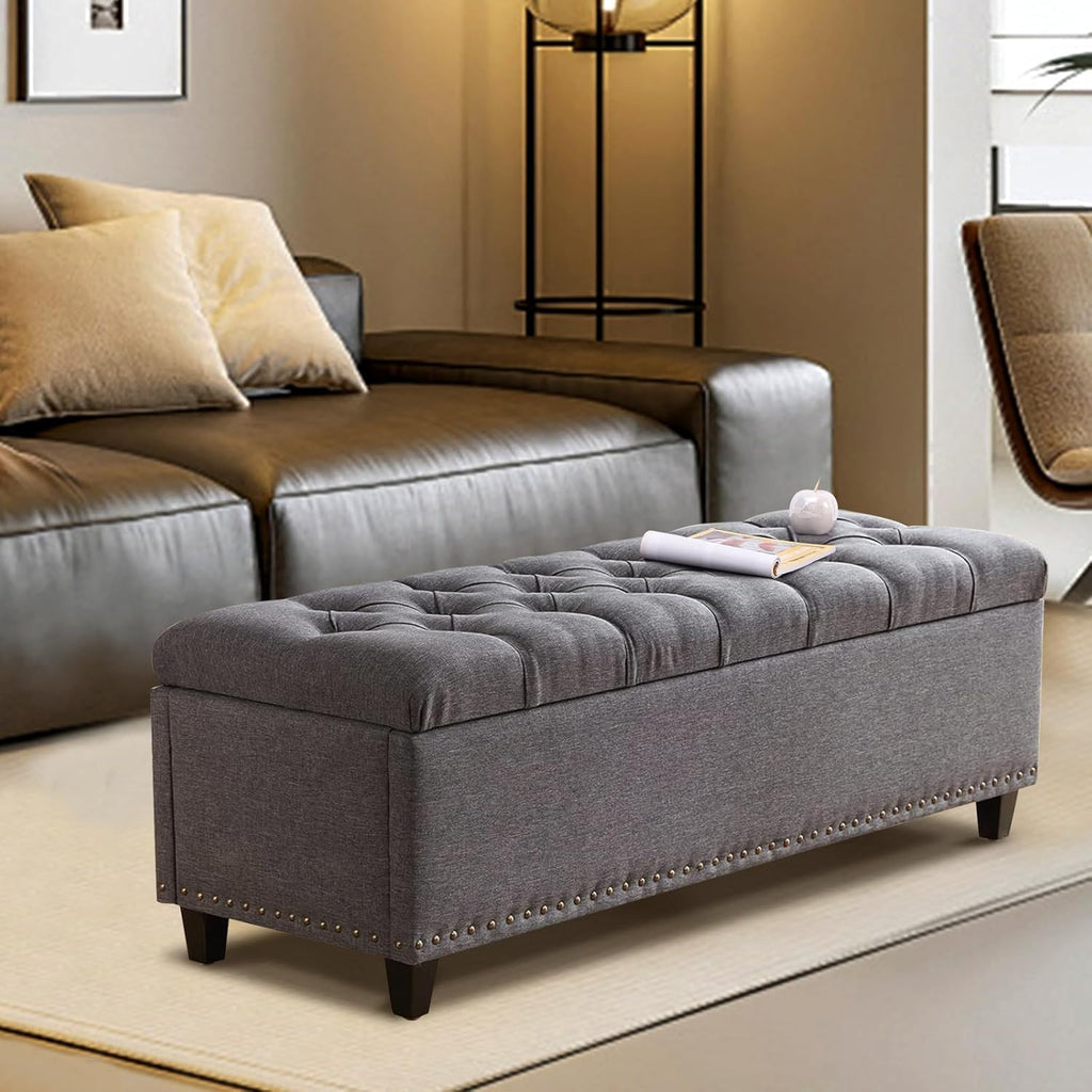 Ottoman with Storage, 51" Storage Bench Ottoman for Bedroom, End of Bed Benchs with Button-Tufted, Upholstered Rectangle Long Foot Rest Benchs for Entryway Living Room (Gray)