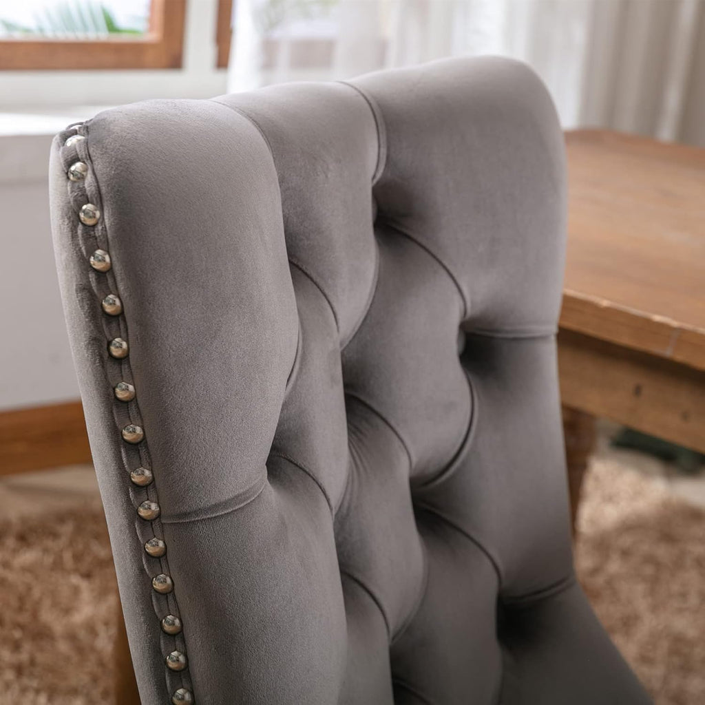KEIKI Tufted Dining Room Chairs Set of 2, Velvet Kitchen Nailhead Trim Chairs with Solid Wood Legs and Padded Seat, Gray