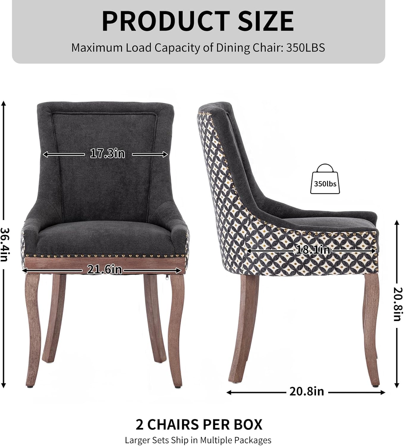 Modern Dining Chairs Set of 6, Fabric Upholstered High Back Chairs with Nailhead Trim and Curved Solid Wood Legs, Sillas de Comedor Accent Chairs for Dining Room, Black & Patterned