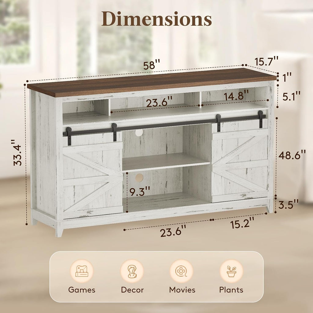 Lifewit Farmhouse TV Stand for up to 65" TV, Entertainment Center with Ajustable Shelves, Sliding Barn Door and Open Storage Spaces, TV Console for Living Room, Bedroom, Hold 300lbs, Rustic White