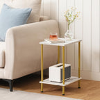 HOOBRO End Table, Small Side Table, Nightstand with 2-Layer Storage Shelves, Sofa Table for Small Spaces, Living Room, Bedroom, Stable Frame, Easy Assembly, Gold and Marble DM09BZ01