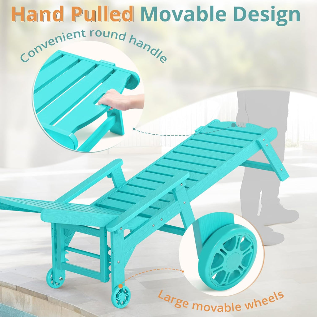 LUE BONA Lounge Chair Outdoor Set of 2, HDPS Chaise Lounge Outdoor with Wheels, 5 Positions Adjustable Pool Lounger Chairs for Outside, Patio, Aruba Blue