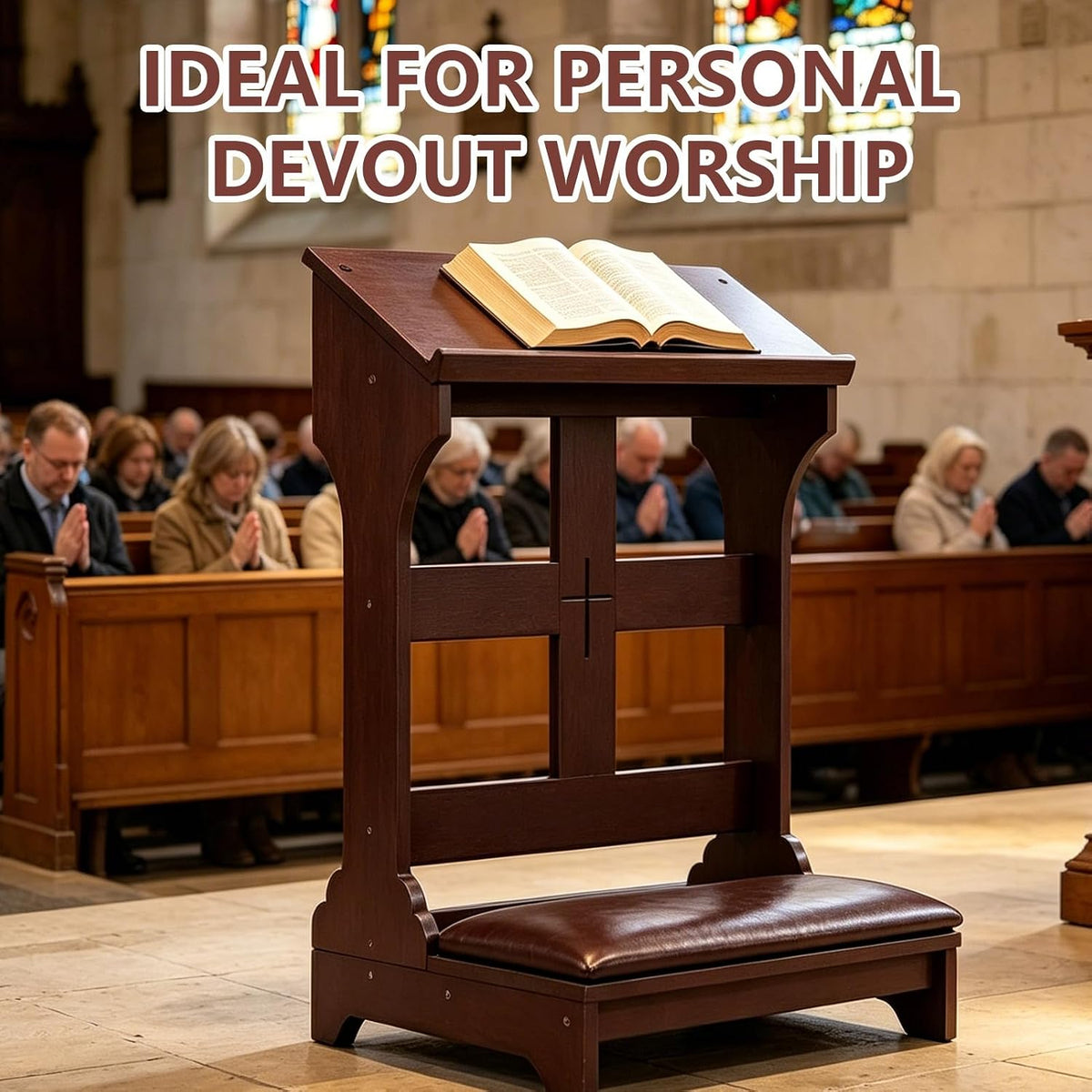 Prayer Kneeler with Built-in Tabletop – Solid Wood Prayer Bench, Faux Leather Cushion, Compact 23"x20"x32" for Home ChurcWorship Ebony