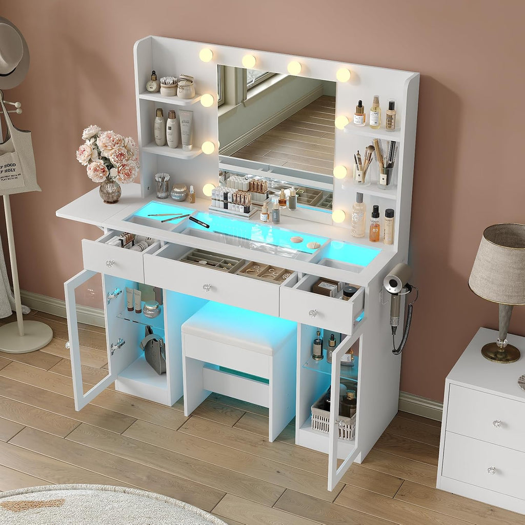 Yanosaku Makeup Vanity Desk with Mirror and Lights, RGB Lighted Vanity Desk with Power Outlet, 3 Drawers & 2 Large Tempered Cabinets, Fold-up Panel, Glass Top Vanity with Chair for Bedroom, White
