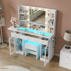Yanosaku Makeup Vanity Desk with Mirror and Lights, RGB Lighted Vanity Desk with Power Outlet, 3 Drawers & 2 Large Tempered Cabinets, Fold-up Panel, Glass Top Vanity with Chair for Bedroom, White