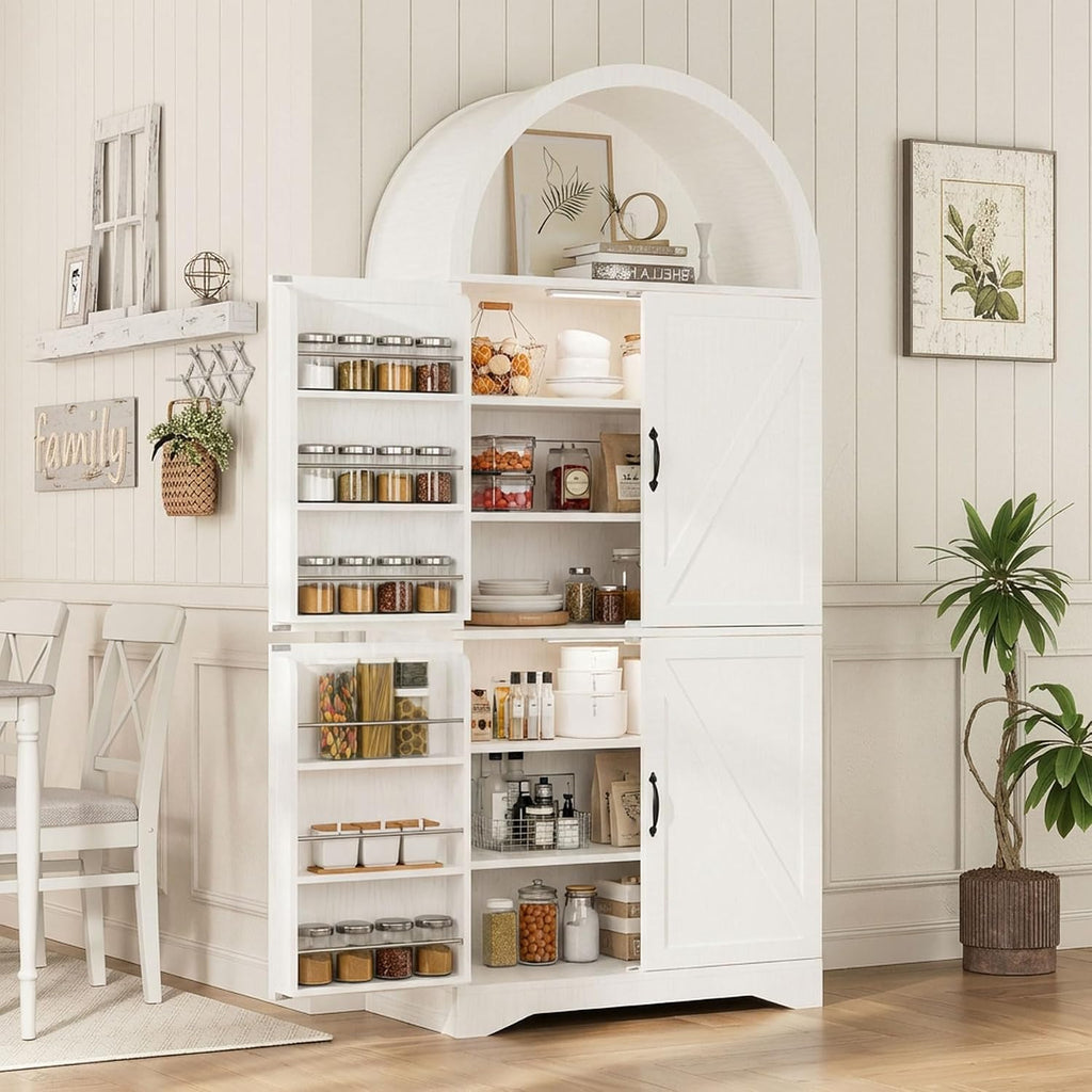 70" Tall Arched Pantry Cabinet, Kitchen Cupboard with Barn Doors, Adjustable Shelves & 3-Color Human Sensor LED Lights for Kitchen/Living Room, White