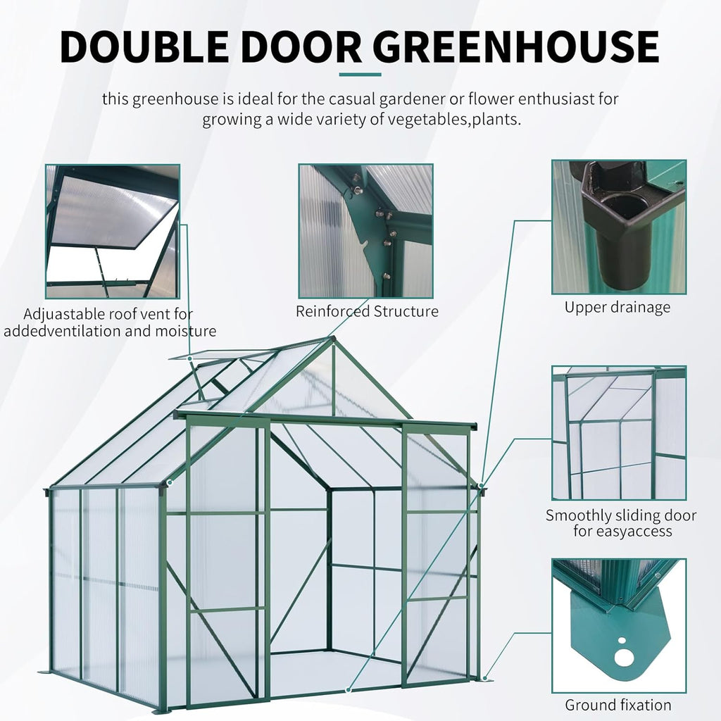 KEIKI 8x6 FT Double Door Polycarbonate Greenhouse with Aluminum Frame,Raised Base and Roof Vent,Walk-in Greenhouses for Patio Garden Backyard