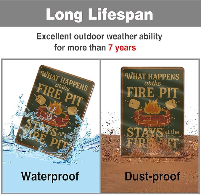 Funny Firepit Metal Sign - "What Happens at the Firepit" Outdoor Wall Decor for Patio, BBQ, Grill, or Campsite - Great Gift for Campers & Dads - 8" x 12"